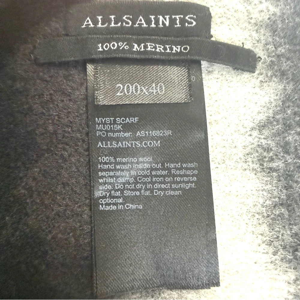 AllSaints 100% Merino Wool Myst Black Gray Knit Scarf Unisex 79”x15”